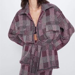 NWOT ZARA Check Tweed Knit Oversized Belted Sweater Coat Pink Size Medium